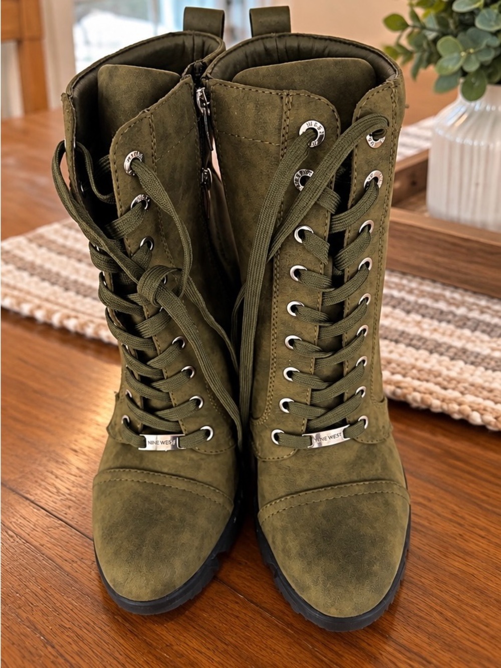Nine West Olive Lace-Up Block Heel Ankle Boots